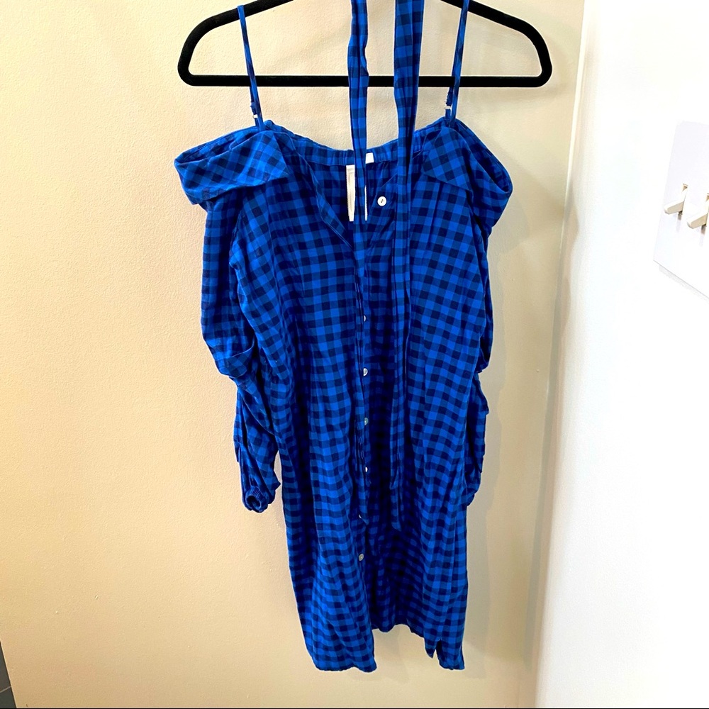 Blue gingham off shoulder dress